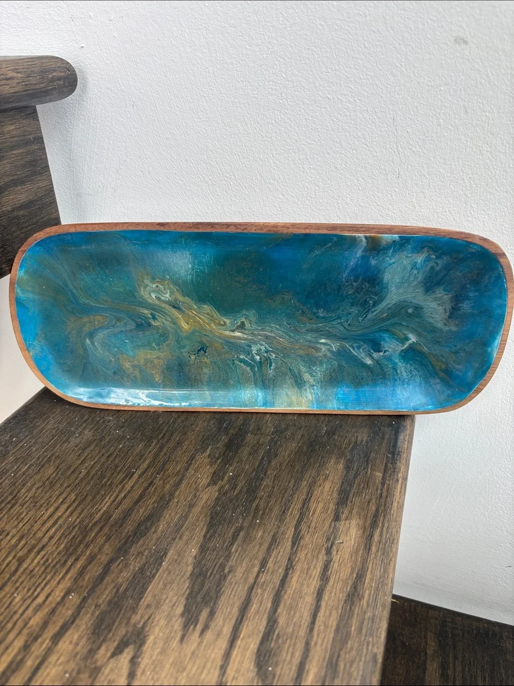 Henbitart handmade wood tray w/ blue luster finish, swirls, 12x5”